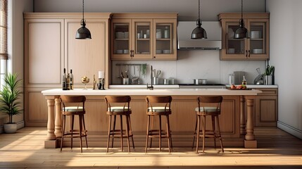 Kitchen island in modern luxurious kitchen interior with wooden cabinets