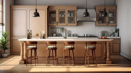 Küchenrückwand glas motiv Kitchen island in modern luxurious kitchen interior with wooden cabinets © Fiva