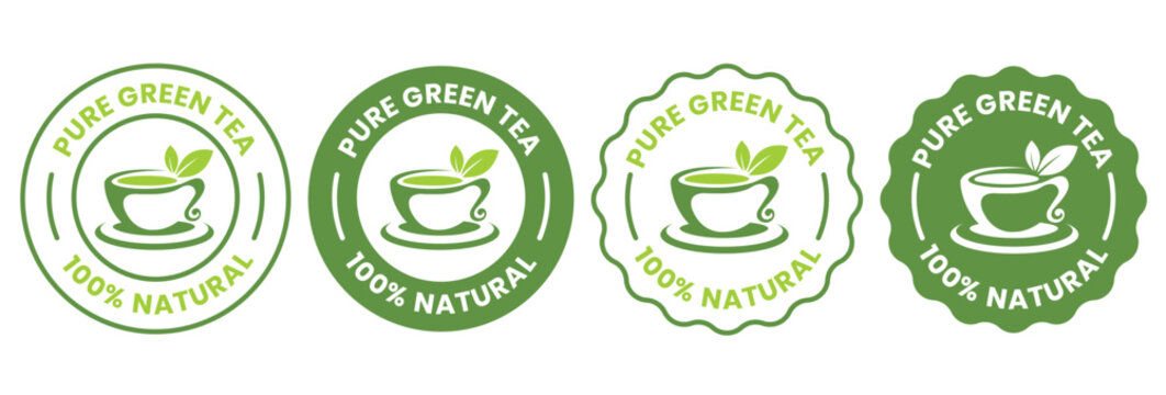 Set of  green tea cup logos. Healthy green tea drink stamps. Organic natural food labels.