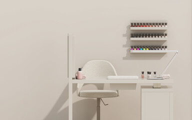 3d render beauty spa nail salon on pastel beige background. 3d illustration of luxury Beauty Studio for women and men. Place for manicure and nail care, pedicure. Exclusive interior design.
