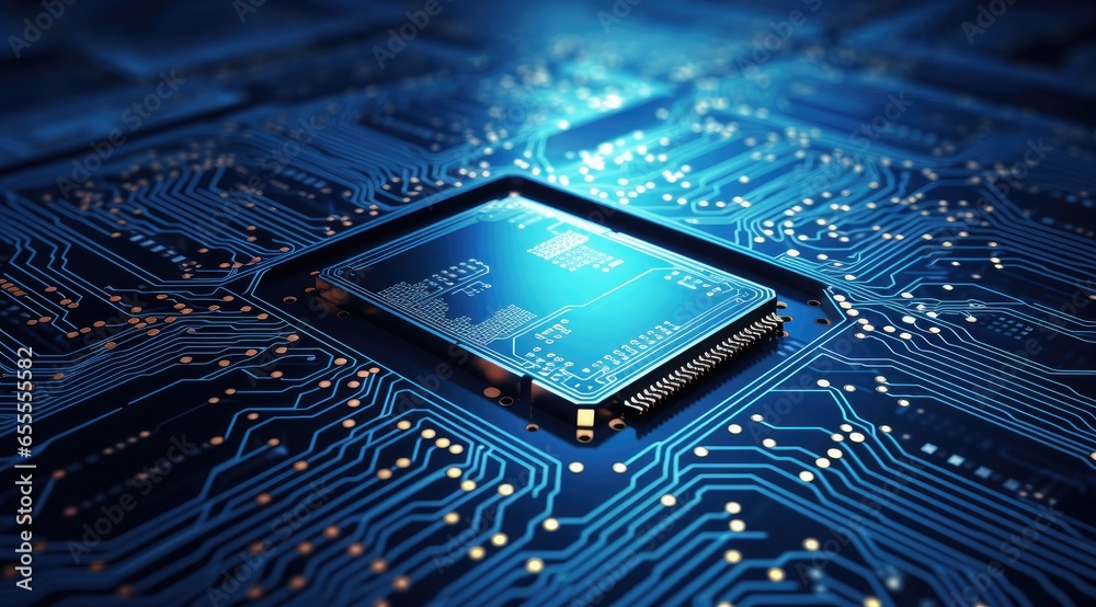 Poster futuristic neon microprocessor on blue background. integrated microchip