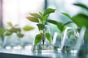 Plant research, green plant in a glass jar in a laboratory. Ecological breeding and plant development. - obrazy, fototapety, plakaty