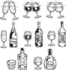 洋酒（ワイン・シャンパン・ウイスキー・ブランデー）ビンとグラス　単色線画セット