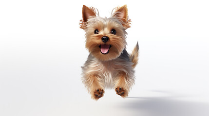 Happy cute dog, Yorkshire Terrier Jumping and playing with it's owner. isolated on a white background.