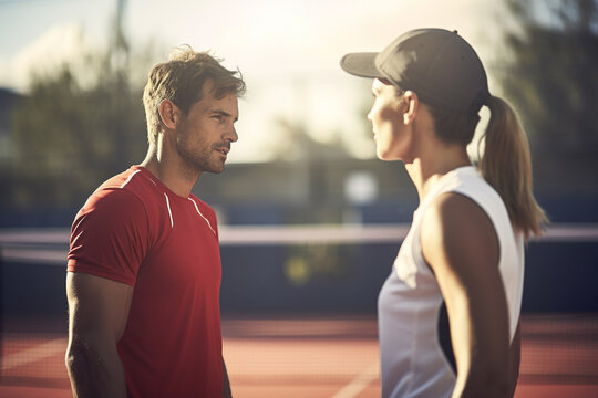 Tennis players standing and talking with their coaches on the tennis court