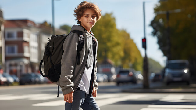 Boy with backpack walking over pedestrian crossing, schoolboy crossing the road outdoors