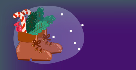 Old hiking boots filled with sweets. Saint Nicholas day banner. Sinterklaas Dutch holiday set icon.Sinterklaas face, gift boxes, carrot, candies,  cookies, chocolate and shoe. Cartoon vector banner.