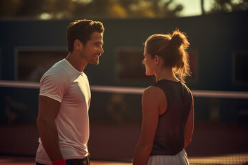 Tennis players standing and talking with their coaches on the tennis court