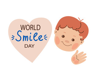 Little boy  smiling. World smile day horizontal banner.Vector doodle cartoon illustration.