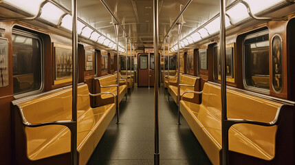subway car filled with lots of wooden benches, mirrored