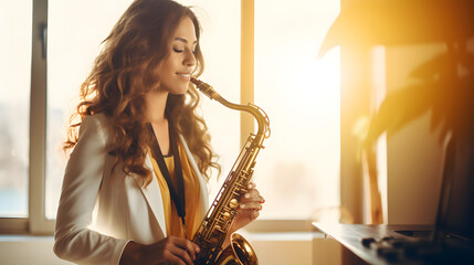 Young female student playing the saxophone in classroom - obrazy, fototapety, plakaty