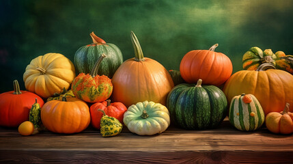 On a wooden table, a still life of autumn pumpkins is depicted with a green background.