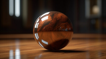 Chrome ball on wooden floor.