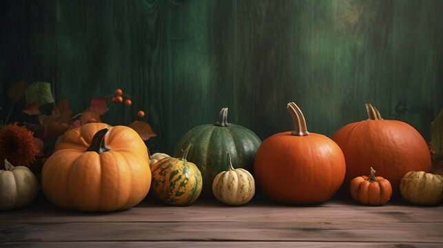 On a wooden table, a still life of autumn pumpkins is depicted with a green background.
