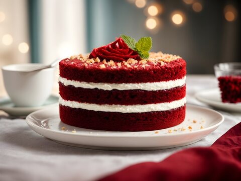 Red velvet cake recipe photography, blurred background