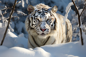 Fototapeta na wymiar Generative AI Image of Wild White Tiger in Forest with Snow in Bright Day