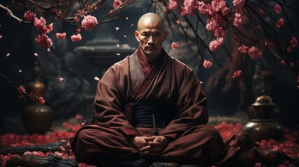 Asian monk meditating in a Buddhist temple. Religious concept - obrazy, fototapety, plakaty