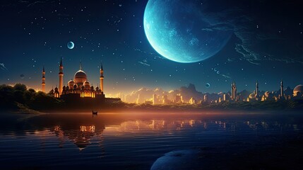 The Arabian night fairy tale, the landscape in the moonlight. Islamic wallpaper concept - obrazy, fototapety, plakaty