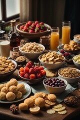 A delicious spread of food on a rustic wooden table