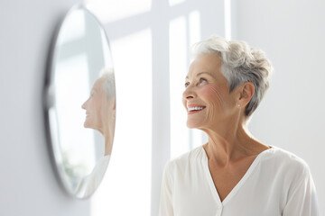 Elderly woman smiling with the mirror in the bedroom white - obrazy, fototapety, plakaty