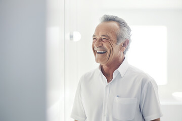 Elderly man smiling with the mirror in the bedroom white - obrazy, fototapety, plakaty