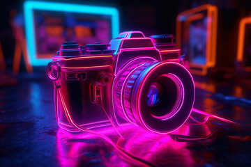 Fototapeta na wymiar Camera with neon effect. Photographer's Day. Studio services. Retro camera.
