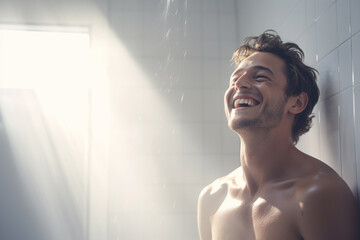 Smiling man taking a shower in a white bathroom - obrazy, fototapety, plakaty