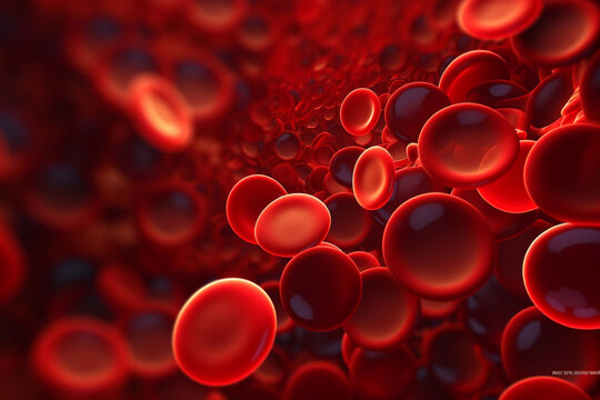 Red blood cells flowing through vein. Blood under the microscope. Blood test. 