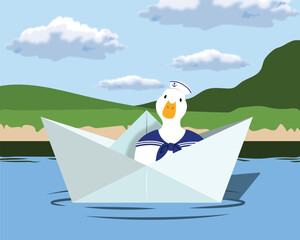 Duck playing with paper boat