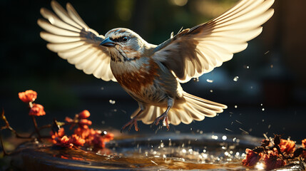 A sparrow gracefully landing on a bird feeder, with seeds scattered around it.