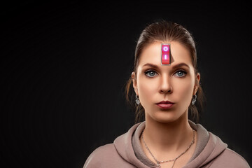 A businessman has a red switch in his head. The concept of turning on the power of the brain, turning off negative thoughts, turning on the thought process, generating ideas.