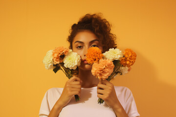 a beautiful lady with flowers standing in front of a brightly colored wall