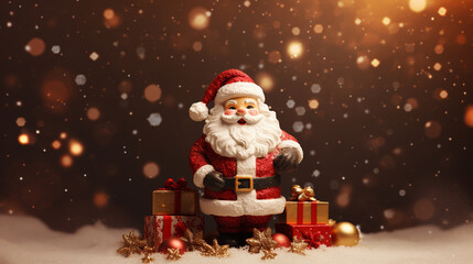 Miniature Christmas Santa Claus with gifts on snow over blurred bokeh background, Decoration Image for Christmas Holiday and Happy New Year Celebration concept.