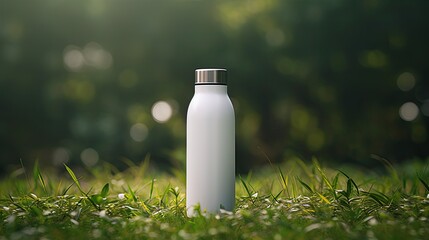 White stainless thermo bottle sitting in grass. Glossy aluminum vacuum thermo white tumbler flask. - obrazy, fototapety, plakaty