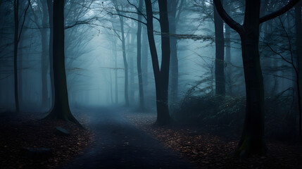 mysterious forest pathway with a blue-toned atmosphere, sense of mystery, halloween backdrop.