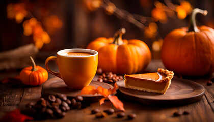 Pumpkin Spice Latte. Yellow cup of latte with seasonal autumn spices, fall decor. Traditional coffee for autumn holidays.