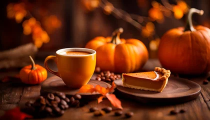  Pumpkin Spice Latte. Yellow cup of latte with seasonal autumn spices, fall decor. Traditional coffee for autumn holidays. © Tetiana