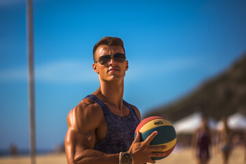 Male beach volleyball players play a volleyball match on the beach