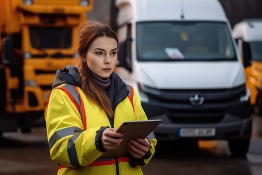 Young female Insurance officer Use a tablet to take photos and Keep a record of the car that was involved in an accident. Auto accident involving two cars on a city street ,Generative AI.