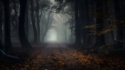 Mysterious autumn forest pathway with a blue-toned atmosphere, pathway between trees leading into a dark and misty forest. Halloween backdrop.