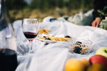 Close-up shot of a picnic with a glass of wine, fruits, and snacks