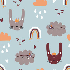 Seamless pattern with funny bunny and rainbows, clouds.