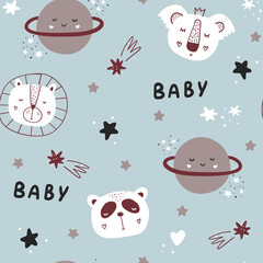Seamless childish pattern with funny animals faces and planets.