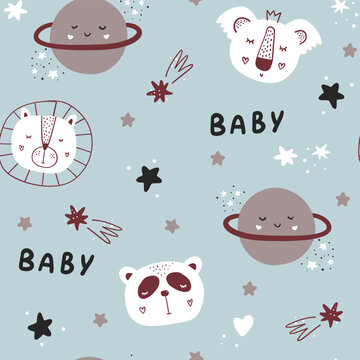 Seamless childish pattern with funny animals faces and planets.