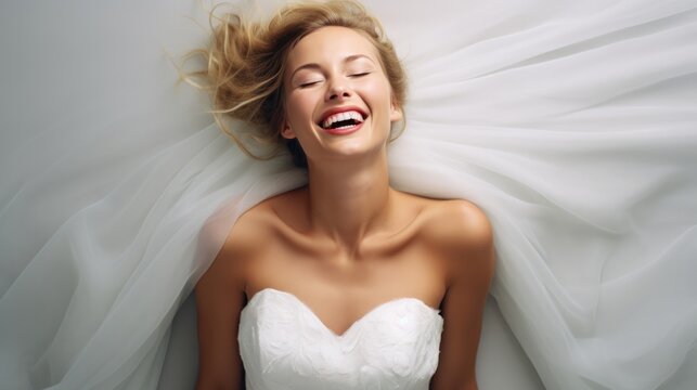 Happy bride smiling, closed eyes, carefree dreaming. Over white background.