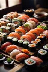 A delicious assortment of sushi on a wooden tray