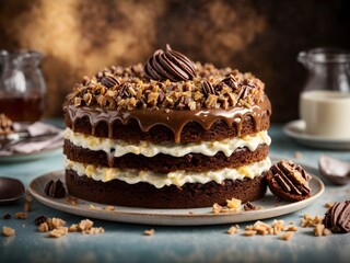 German chocolate cake recipe photography, blurred background