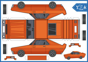 Craft game cut and glue paper 3d car. Kids papercraft template racing auto. Education activity printable page. DIY model toys vehicle.