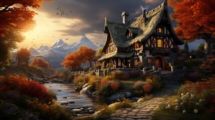 An enchanting cottage nestled amidst a sea of golden and crimson autumn leaves. - obrazy, fototapety, plakaty