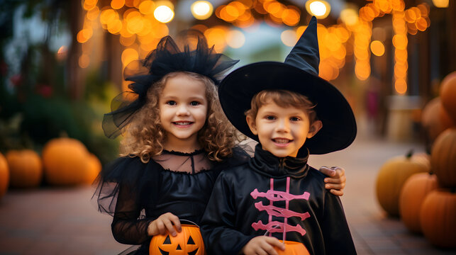 Portrait of two cute girls in Halloween costumes with bucket walking trick or treating outdoor